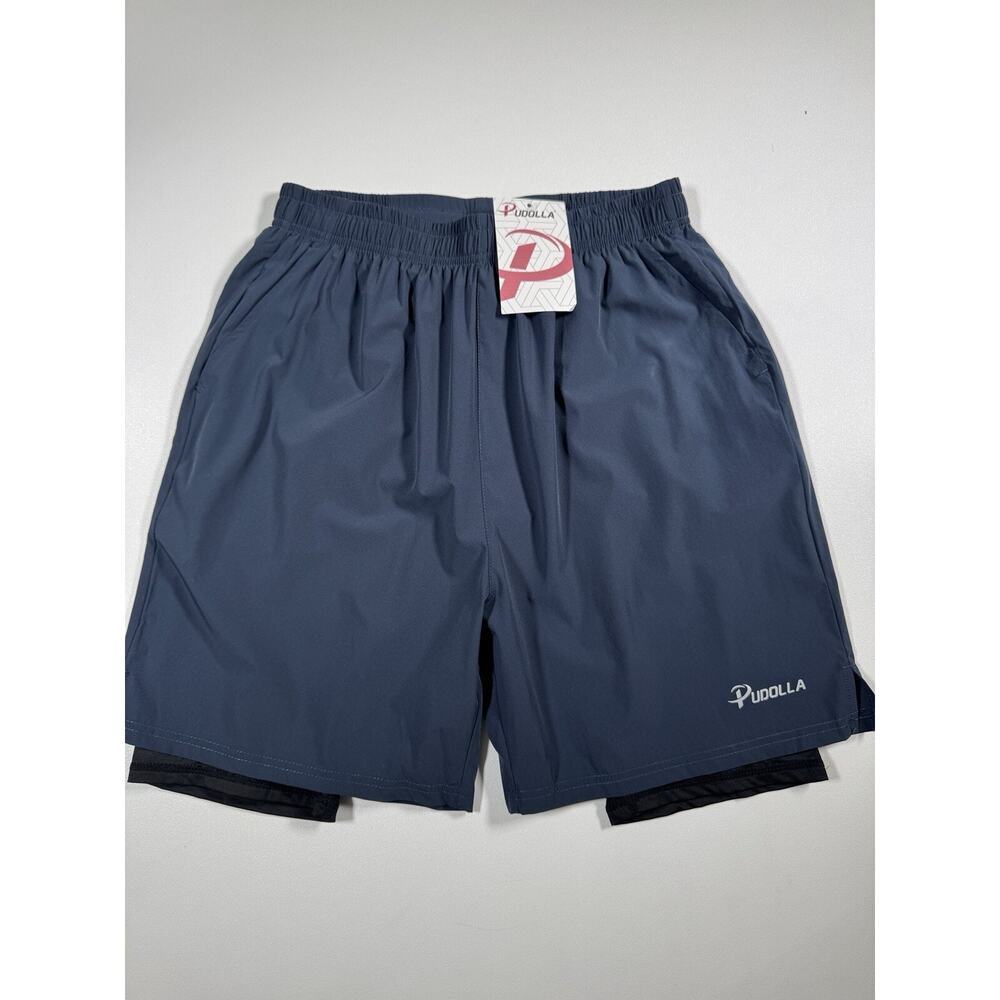 Pudolla Men’s 2 in 1 Running Shorts 7" Quick Dry‎ Gym Athletic Workout Shorts S